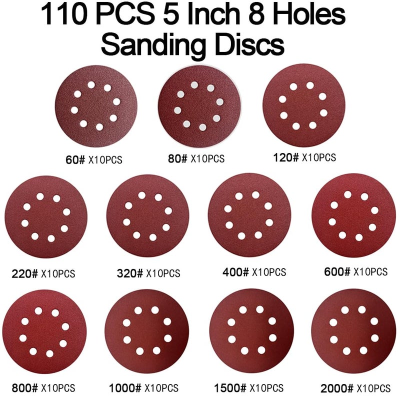 OUKEYA 110pcs 5 Inch 8-Hole Sanding Discs Hook and Loop Sandpaper Discs 60 80 120 220 320 400 600 800 1000 1500 2000 Grits Sandpaper for Random Orbital Sander - Image 4